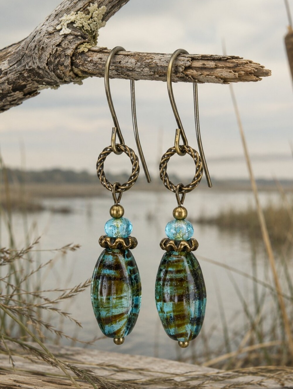 Aqua Czech Glass Earrings Artisan Brass Dangle Jewelry Hand Crafted